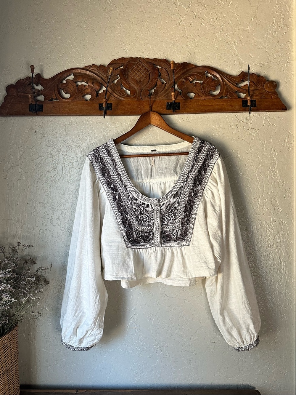 Free People White Blouse with Gray Embroidered Yoke